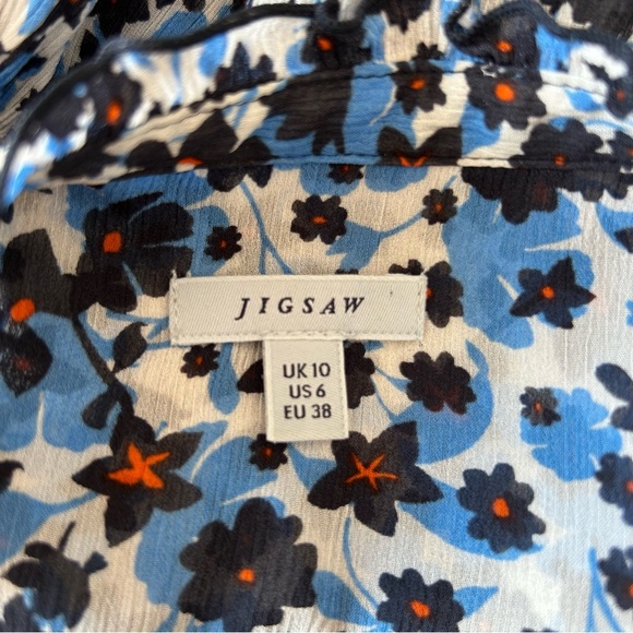 Jigsaw Blouse Size 10 Blue Floral Long Sleeves Ruffle Trims Chiffon - Picture 6 of 6